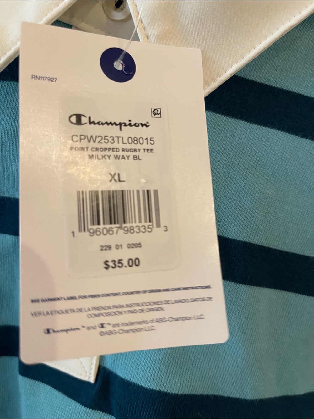 Champion Teal and Navy Striped Long Sleeve Polo - Picture 2 of 4